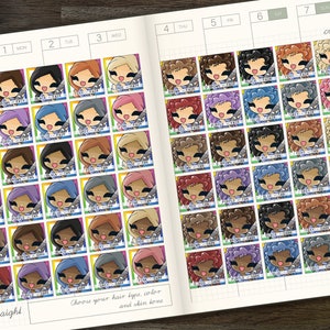 May include: A planner page with a grid layout and illustrations of cartoon faces. The faces have different hair styles, colours, and skin tones. The page is labelled with the days of the week and the words "straight" and "curly".
