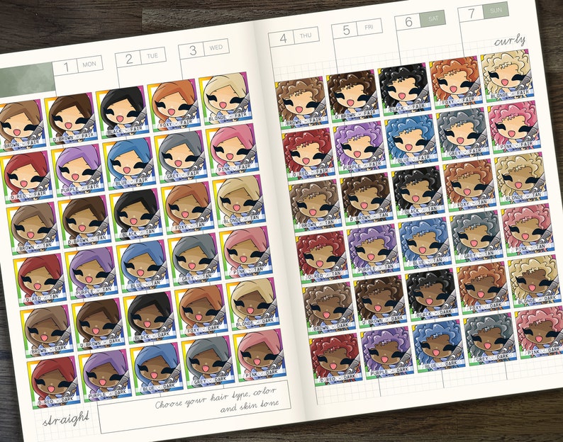 May include: A planner page with a grid layout and illustrations of cartoon faces. The faces have different hair styles, colours, and skin tones. The page is labelled with the days of the week and the words "straight" and "curly".