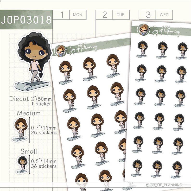 This hand drawn customizable sticker sheet features a girl walking on a compact walking pad or treadmill, perfect for marking low-impact exercise or multitasking workout days in your planner.