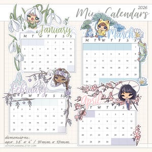 Könnte beinhalten: Mini-Kalender für 2026 mit skurrilen Illustrationen für Januar, Februar, März und April. Jeder Monat hat ein einzigartiges Thema mit niedlichen Charakteren und floralen Akzenten. Die Kalender messen ca. 97mm x 101mm.
