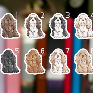 May include: Eight different sticker designs featuring a cartoon American Cocker Spaniel dog in various colors. The stickers are numbered 1 through 8.