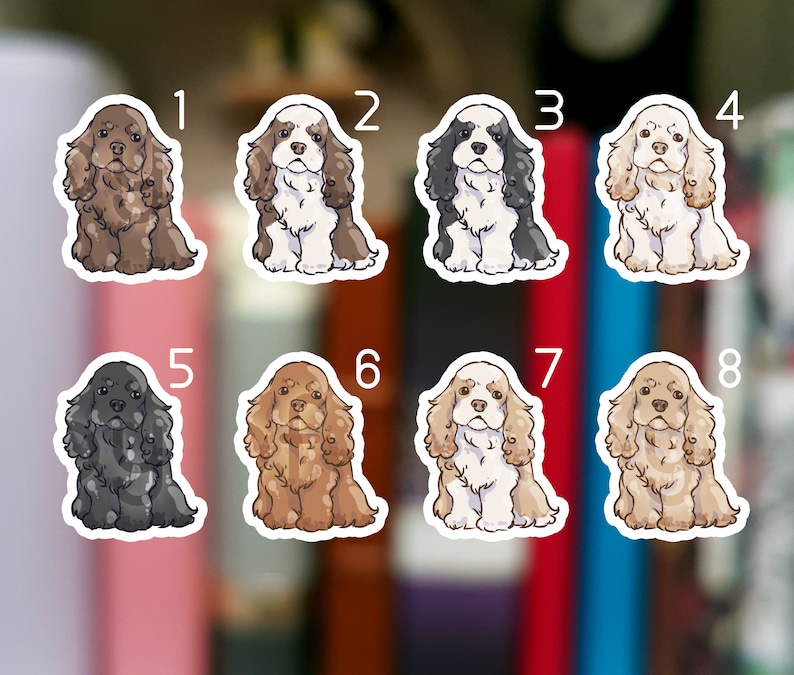 May include: Eight different sticker designs featuring a cartoon American Cocker Spaniel dog in various colors. The stickers are numbered 1 through 8.