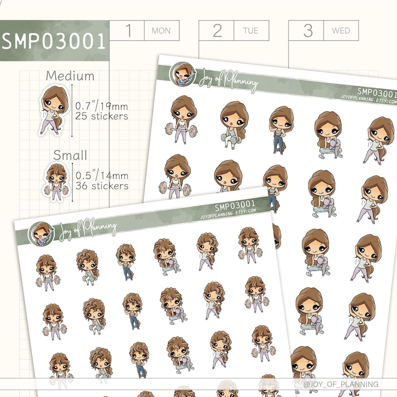 May include: A sheet of stickers featuring illustrations of women exercising. The stickers are available in two sizes: 0.7 inches (19 mm) and 0.5 inches (14 mm). The sheet includes 25 medium-sized stickers and 36 small stickers.
