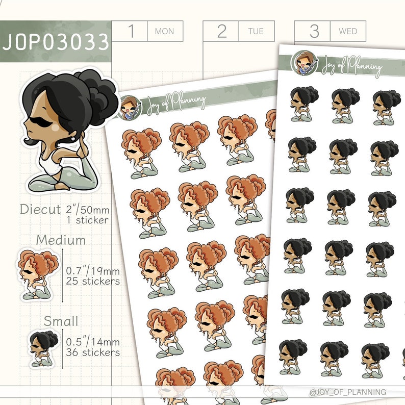 Customizable sticker sheet showing a calm seated twist yoga pose, ideal for marking gentle stretching, flexibility days, or yoga in your planner. Available in three sizes and various character options.