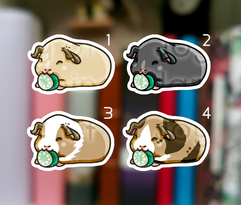 May include: Four cartoon guinea pig stickers, each with a different color scheme. The guinea pigs are shown eating a green and white cucumber slice. The sticker colors include tan, black, brown and white, and brown and tan.