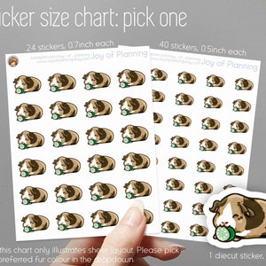 May include: Sticker size chart with two sheets of stickers featuring guinea pig illustrations. One sheet has 24 stickers, each 0.7 inches. The other sheet has 40 stickers, each 0.5 inches. A diecut sticker of a guinea pig is also shown.