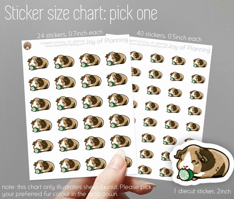 May include: Sticker size chart with two sheets of stickers featuring guinea pig illustrations. One sheet has 24 stickers, each 0.7 inches. The other sheet has 40 stickers, each 0.5 inches. A diecut sticker of a guinea pig is also shown.
