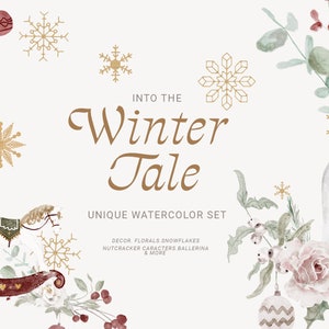Clipart de inverno em aquarela - clipart de quebra-nozes - clipart de Natal - vegetação floral de inverno png - árvore de Natal - clipart de feriados de bailarina