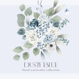 Dusty Blue watercolor Floral Clipart - Something Blue wedding png clipart- Roses Hydrangea Anemone greenery eucalyptus- White and blue roses