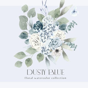 Dusty Blue aquarela Floral Clipart - Algo azul casamento png clipart- Rosas Hortênsia Anêmona vegetação eucalipto- Rosas brancas e azuis