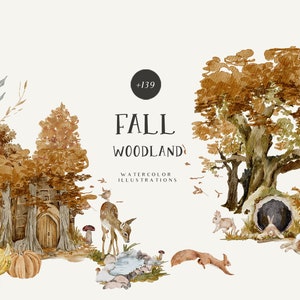 Aquarell Herbst Waldtiere Clipart - Oktober Clipart - Gemütliche Clipart Hirsch Bär Bäume Waschbär Igel Fuchs png