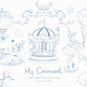 Linie Kunst Vintage Karussell Blau SVG Clipart - Barocke königliche Rahmen - Whimsy Ballerina Png - Karneval Air Ballon Canva - Zirkuspferd Schwan Häschen
