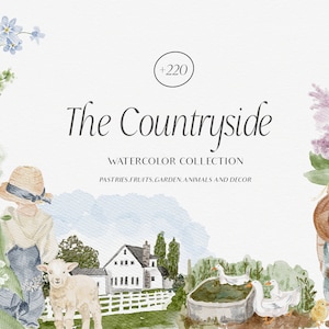 Clipart campagne aquarelle Cottagecore - Clipart aquarelle animaux - Clipart rustique - Clipart printemps floral - Ferme d'été de jardin png