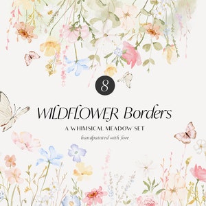 Imágenes prediseñadas de flores de acuarela - Imágenes prediseñadas florales de primavera y flores silvestres - Bordes florales de verano - Invitaciones florales de boda - Imágenes prediseñadas de prado