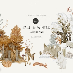 Acuarela otoño invierno bosque animales clipart- Acuarela invierno - Navidad clipart Animal - Ciervo oso árboles mapache erizo zorro