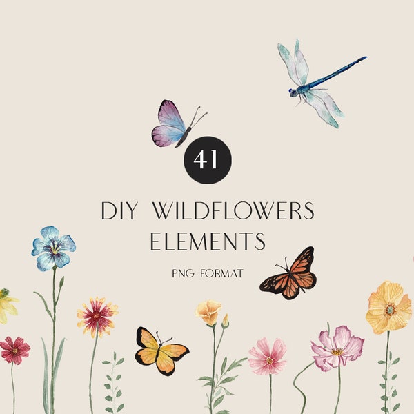 Watercolor wildflower floral clipart- Watercolor garden wreath clipart- Spring field summer floral wildflower illustrations Bright flowers