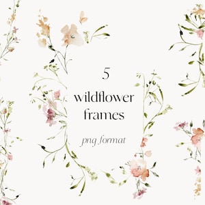 Clipart floral de flores silvestres em aquarela - Clipart de guirlanda de jardim em aquarela - Ilustrações florais de flores silvestres de campo de primavera e verão - Flores suaves PNG