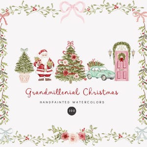 Grandmillenial acquerello Clipart di Natale - Babbo Natale albero cineserie - Ghirlanda fiocchi rosa - Preppy xmas Png - Clipart acquerello stravagante