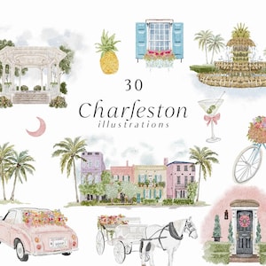 Aquarell Charleston Hochzeit Veranstaltungsort Illustrationen - Rainbow Row Pastell Pink Haus - Pinnapple Brunnen - rosa Auto - weißer Punkt Garten png Set