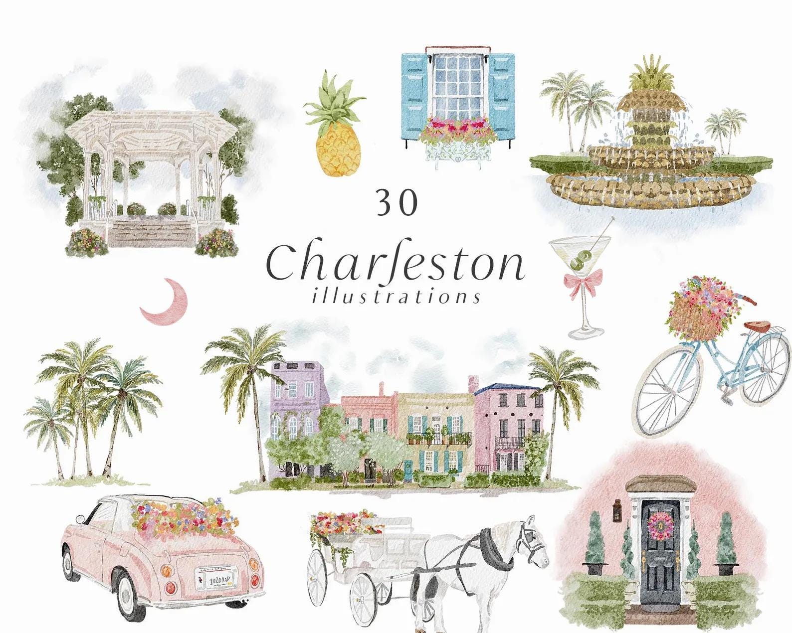 Watercolor Charleston wedding venue illustrations- Rainbow Row Pastel Pink House- Pinnapple fountain- pink car- white point garden png set