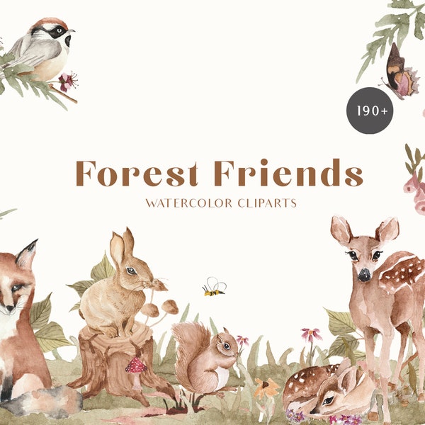 Woodland animal clipart- Forest cute animals clipart- Watercolor animal clipart-Baby animal clipart set Digital PNG instant download