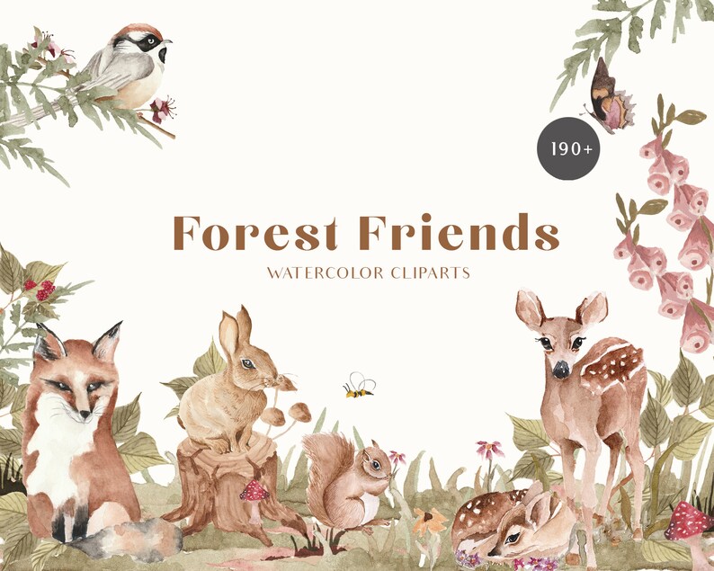 Forest cute animals clipart Woodland animal clipart Watercolor animal clipart-Baby animal clipart set Digital PNG instant download