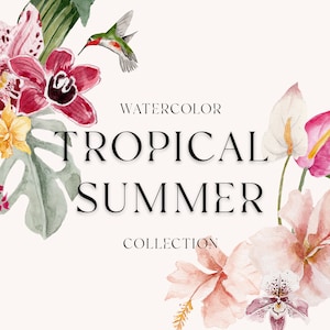Clipart Floral Aquarela Tropical - Flores Tropicais - Folhas Tropicais - Clipart Exótico - Clipart Verão Aquarela - Verão - Hibisco