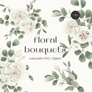 White floral bouquets png clipart watercolor set- Muted color palette spring winter wedding invites- Watercolor greenery digital png clipart