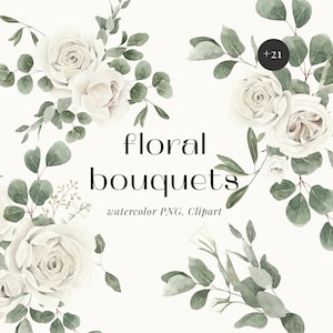 Weiße Blumensträuße Png Clipart Aquarell Set - Gedämpfte Farbpalette Frühling Winter Hochzeit lädt ein - Aquarell grün digitale png Clipart
