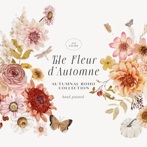 Boho aquarela outono flores secas clipart - Taupe - Terracota - Laranja - flores selvagens - Protea - clipart floral - desenho de capim-dos-pampas