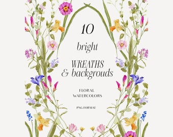 Watercolor wildflower botanical floral clipart Watercolor garden flowers clipart Spring bright summer floral illustrations floral wreath PNG