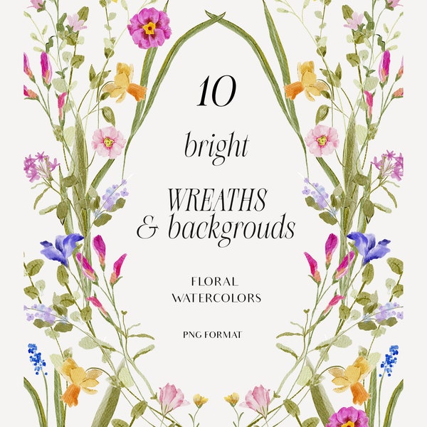 Watercolor wildflower botanical floral clipart Watercolor garden flowers clipart Spring bright summer floral illustrations floral wreath PNG