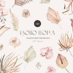 Boho floral tropical Acuarela Elementos Clipart Pampas hierba png palmas secas Flores tropicales Clipart boda invita descarga digital PNG