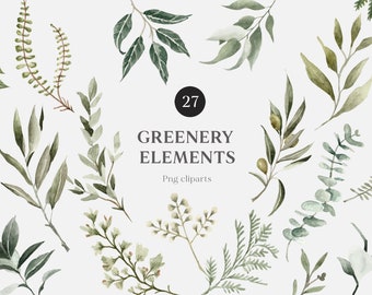 Watercolor Greenery Clipart, Individual Elements DIY png digital download, green foliage eucalyptus,Green Leaves Branches Twigs olive leaves