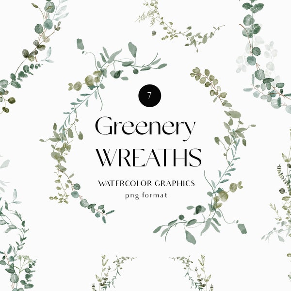 Watercolor greenery clipart- Green sage leaves png- Greenery Eucalyptus wreath- Greenery Wedding Clipart- Foliage clipart instant download