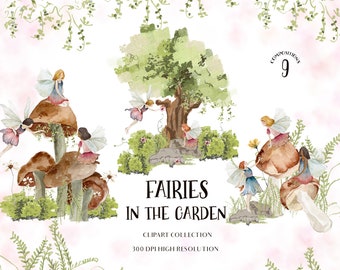 Fairies watercolor clipart- Enchanted Forest garden kids illustrations- Magic fairy tale clipart Watercolor tree fairy illustration download