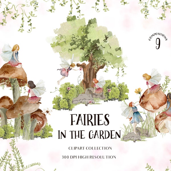 Fairies watercolor clipart- Enchanted Forest garden kids illustrations- Magic fairy tale clipart Watercolor tree fairy illustration download