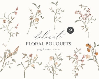 Watercolor wildflower floral clipart- Pressed flowers fall watercolor - Spring field summer floral wildflower illustrations-Soft flowers PNG