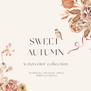 Clipart aquarela de outono - clipart floral de outono png - flores boho, rosas de pássaros e folhas secas e abóbora - guirlanda de clipart de convites de casamento