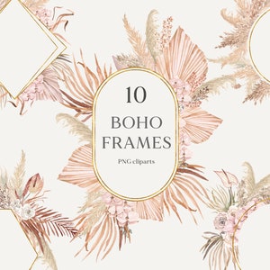 Quadro de clipart floral Boho - Grinalda de clipart de grama de pampas seca - Convites de casamento tropical - Moldura Boho Decoração neutra Clipart de orquídea PNG