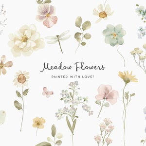 Imágenes prediseñadas de flores silvestres de acuarela - Jardín campestre de pradera caprichoso - Colores pastel suaves y ruborizados - Bordes florales de primavera para boda png - Gráficos florales
