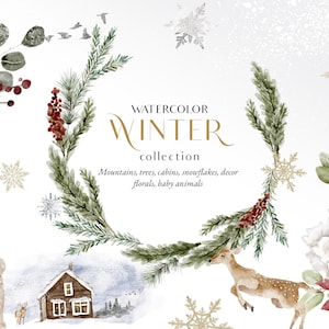 Imágenes prediseñadas de animales del bosque navideños lindos en acuarela - Imágenes prediseñadas de invierno en acuarela - Animales de invierno - Animales del bosque - Bosque de invierno PNG