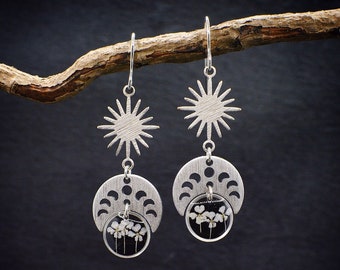 Moon phase flower earrings/pressed flower earrings/celestial jewelry/lunar earrings