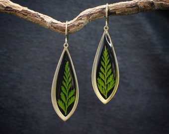 May include: A pair of gold teardrop earrings with a pressed fern leaf inside each earring.