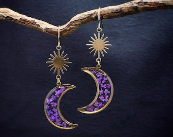 Crescent moon earrings/Real flower dangle earrings/ gift for her/moon star earrings/celestial botanical jewelry