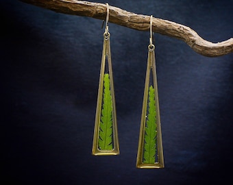 Real fern dangle earrings/forest fern jewelry gift for her/geometric jewelry/triangle brass earrings/boho earrings