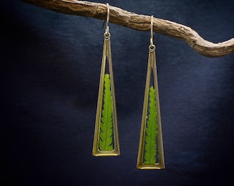 Echte Farn Ohrringe/Wald Farn Schmuck Geschenk für sie/geometrische Schmuck/Dreieck Messing Ohrringe/Boho Ohrringe/Weihnachtsgeschenk