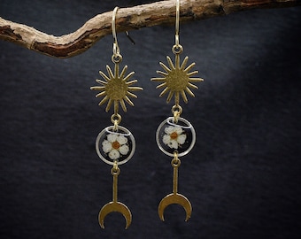Moon and star flower earrings/pressed flower jewelry/celestial jewelry/mothers day gift
