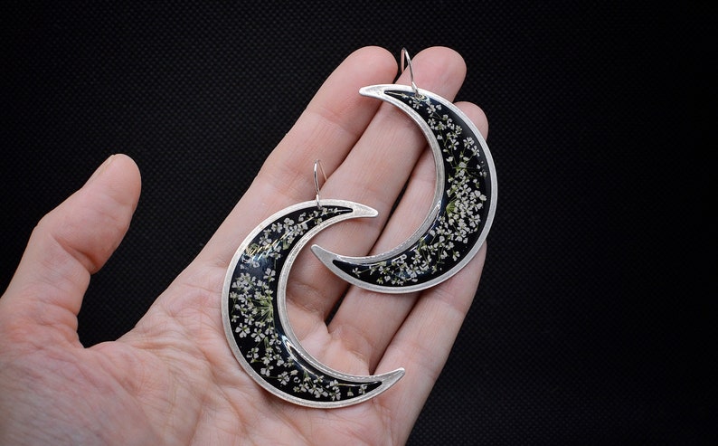 Crescent moon earringssilver moon earringsqueen annes lacemoon phase earringscelestial jewelrygothic jewelrypressed flower earrings