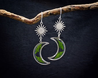 Real fern earrings/moon and sun earrings/celestial jewelry/crescent moon star earrings